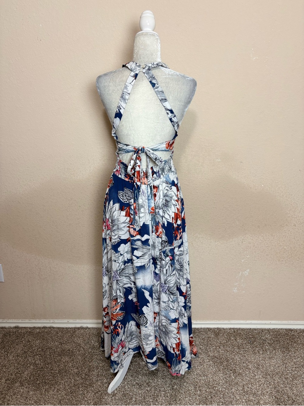 Jaase Navy & White Floral Halter Maxi Split Skirt Rayon Feminine Dress Size XS - Picture 8 of 13